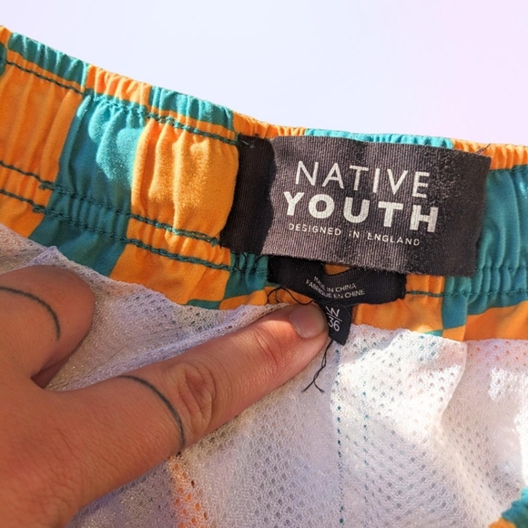Blue & orange checkerboard swim trunks from Native Youth, Size men's 36 - Picture 4 of 4